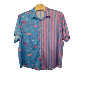 Vatpave Mens XXXL Flamingo Stripe Split Print Short Sleeve Button Down Shirt